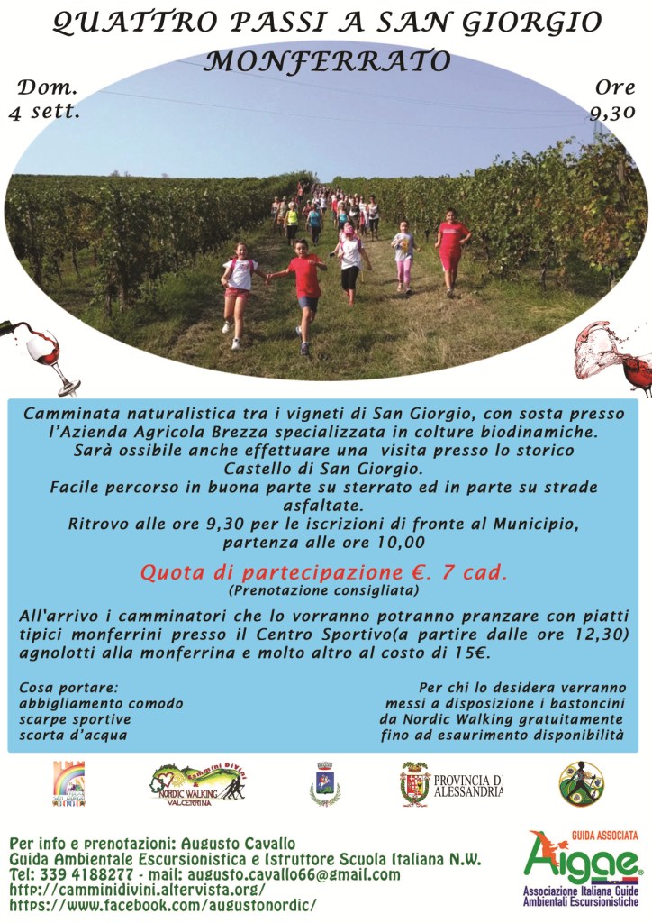 Domenica 4 settembre torna la camminata enogastronomica “Quattro passi a San Giorgio Monferrato”