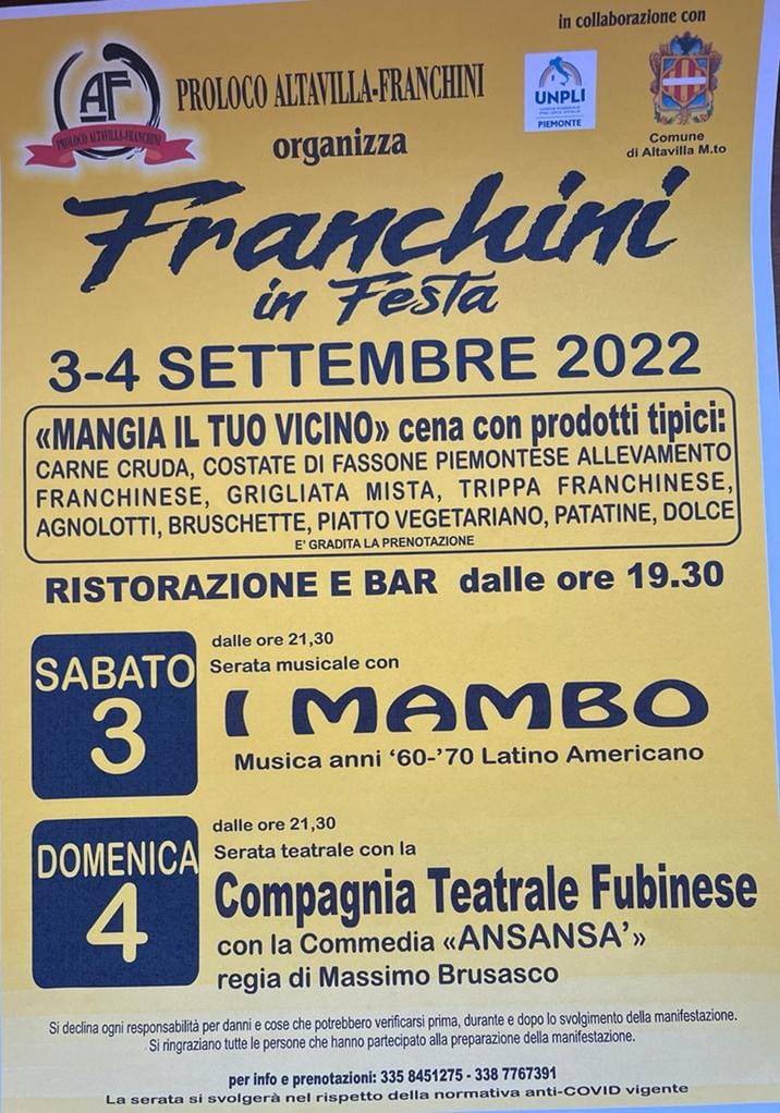 Sabato 3 e domenica 4 settembre cibo, musica e teatro con “Franchini in festa”