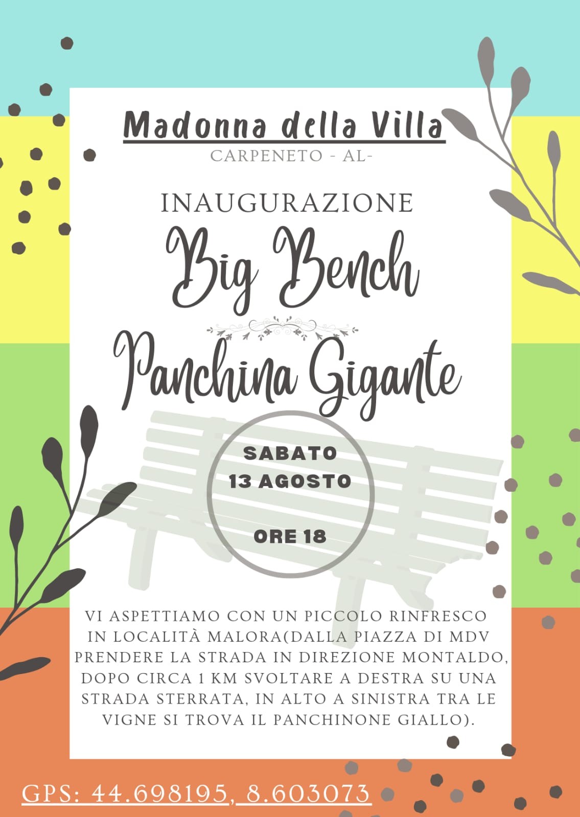 Sabato 13 agosto a Carpeneto si inaugura una nuova Big Bench
