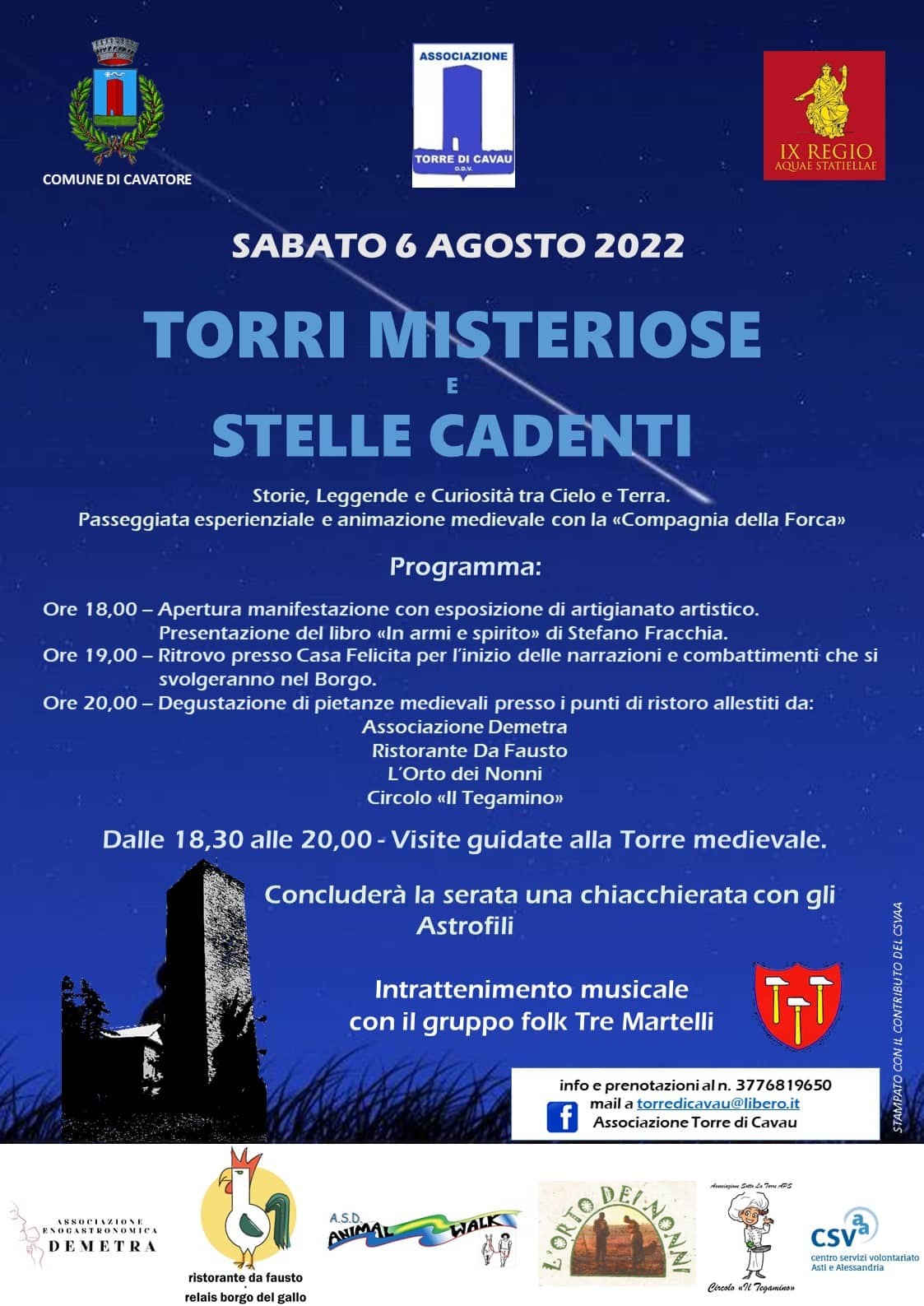 Sabato 6 agosto a Cavatore “Torri misteriose e stelle cadenti”