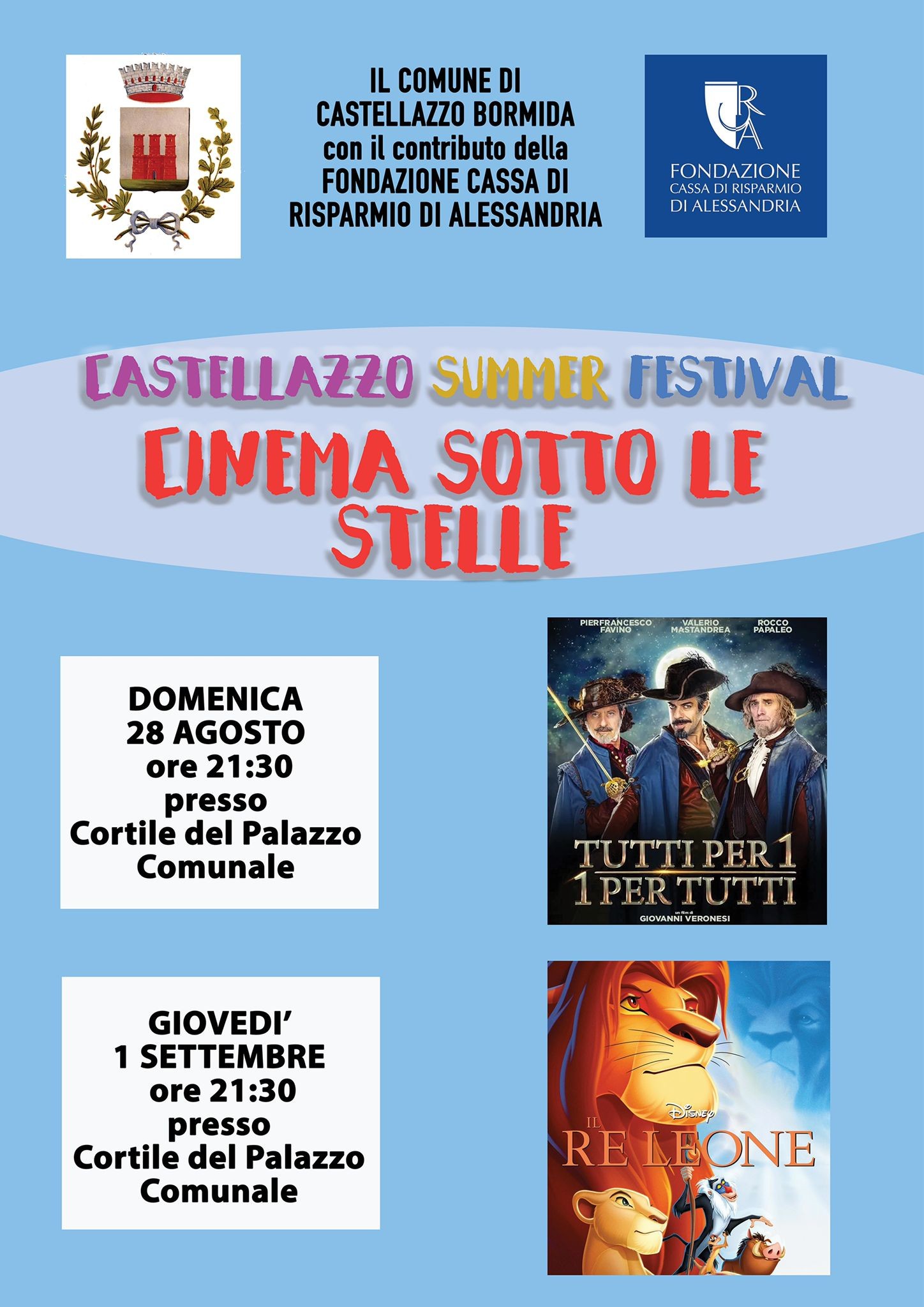 Domenica 28 agosto e giovedì 1°settembre a Castellazzo Bormida il “Cinema sotto le stelle”