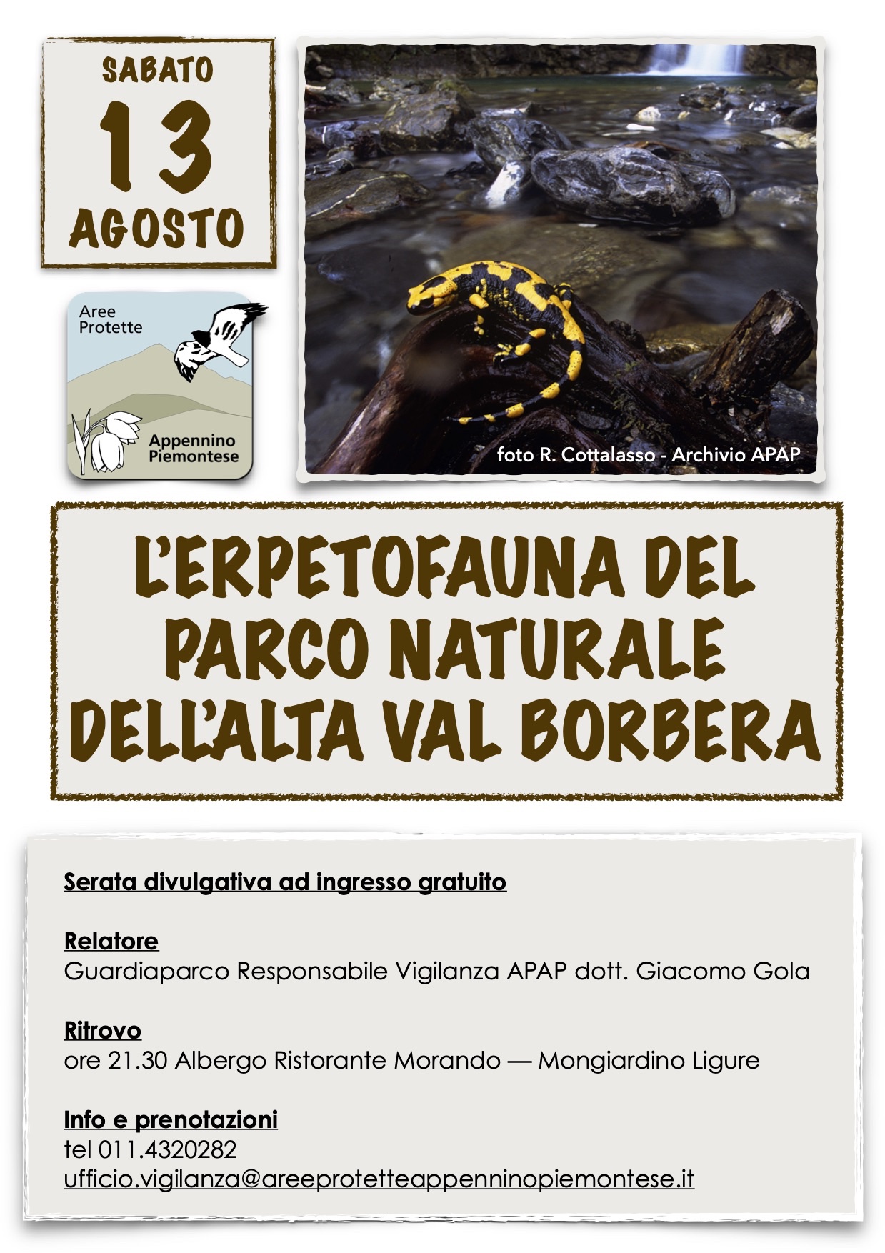 A Mongiardino il 13 agosto una serata divulgativa sull’erpetofauna dell’Alta Val Borbera