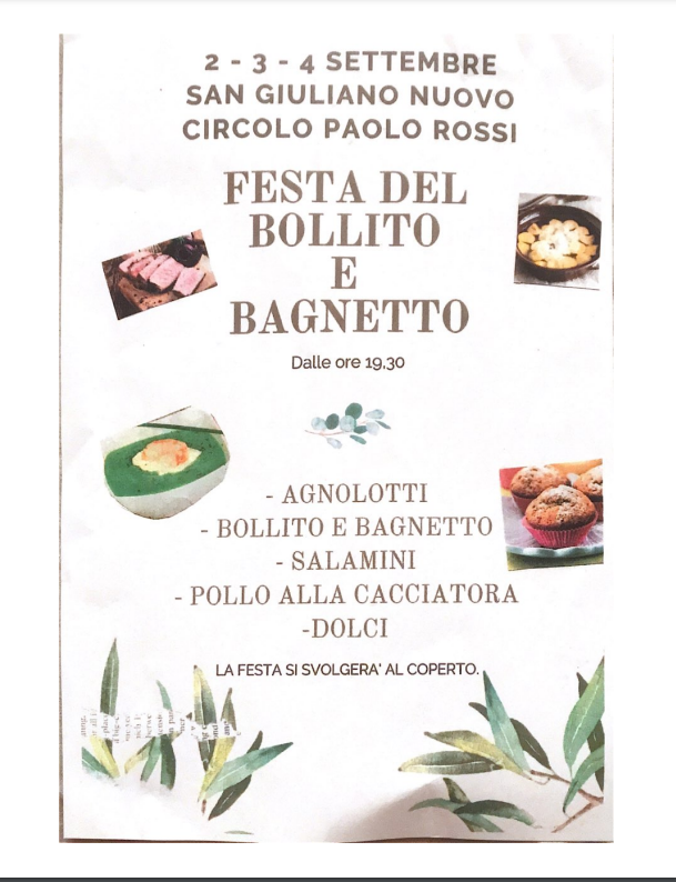 Dal 2 al 4 settembre a San Giuliano Nuovo la “Festa del bollito e del bagnetto”