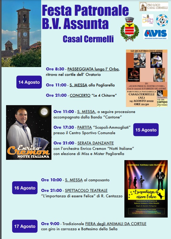 Dal 14 al 17 agosto a Casal Cermelli tanti appuntamenti con la Festa Patronale