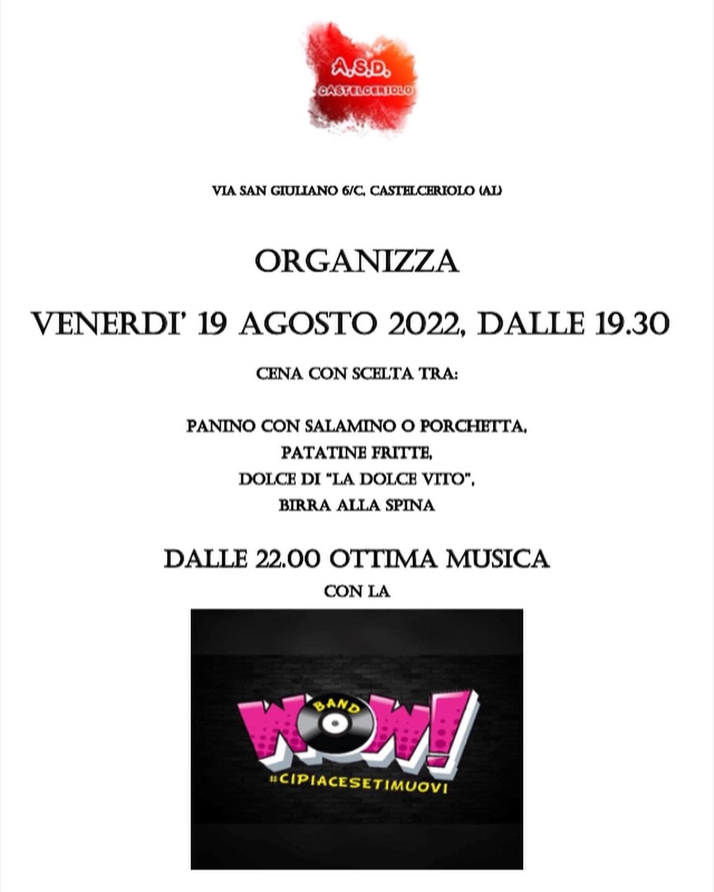 Il 19 e il 20 agosto doppia serata di appuntamenti a Castelceriolo per la Festa Patronale