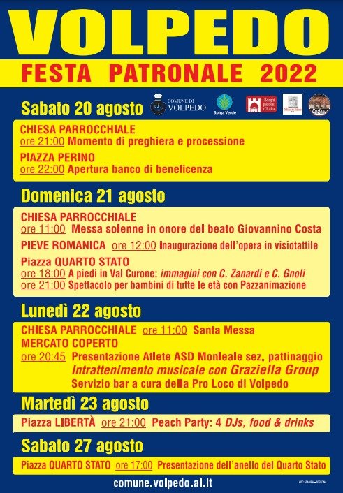 Dal 20 al 23 e sabato 27 agosto a Volpedo la “Festa Patronale 2022”