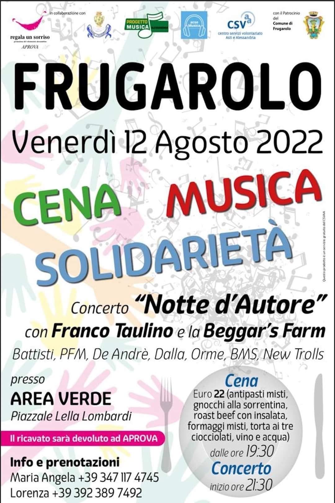 Venerdì 12 agosto a Frugarolo musica e solidarietà con “Notte d’autore”