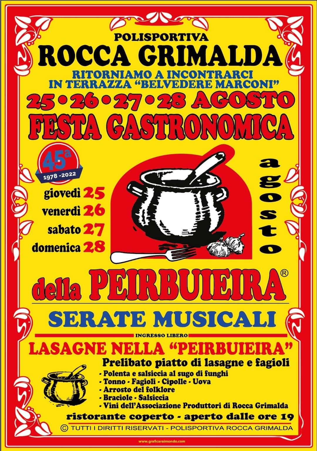 Dal 25 al 28 agosto a Rocca Grimalda la 45esima Festa Gastronomica della Peirbuieira