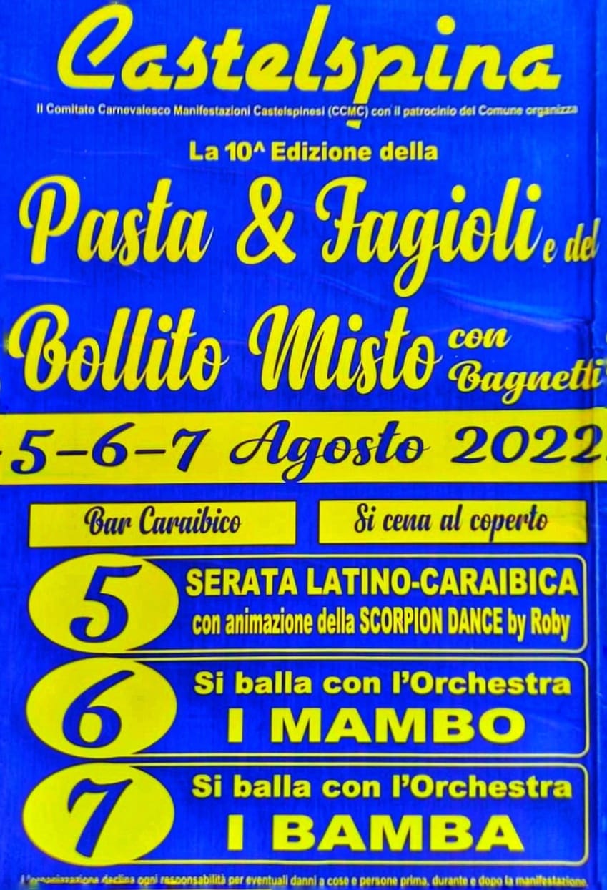 Dal 5 al 7 agosto a Castelspina la decima edizione della Sagra della Pasta e Fagioli e del Bollito Misto