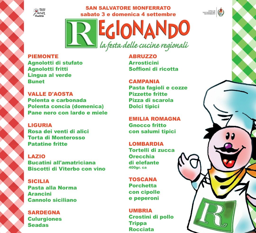 Sabato 3 e domenica 4 settembre a San Salvatore un tour gastronomico dello stivale con “Regionando”