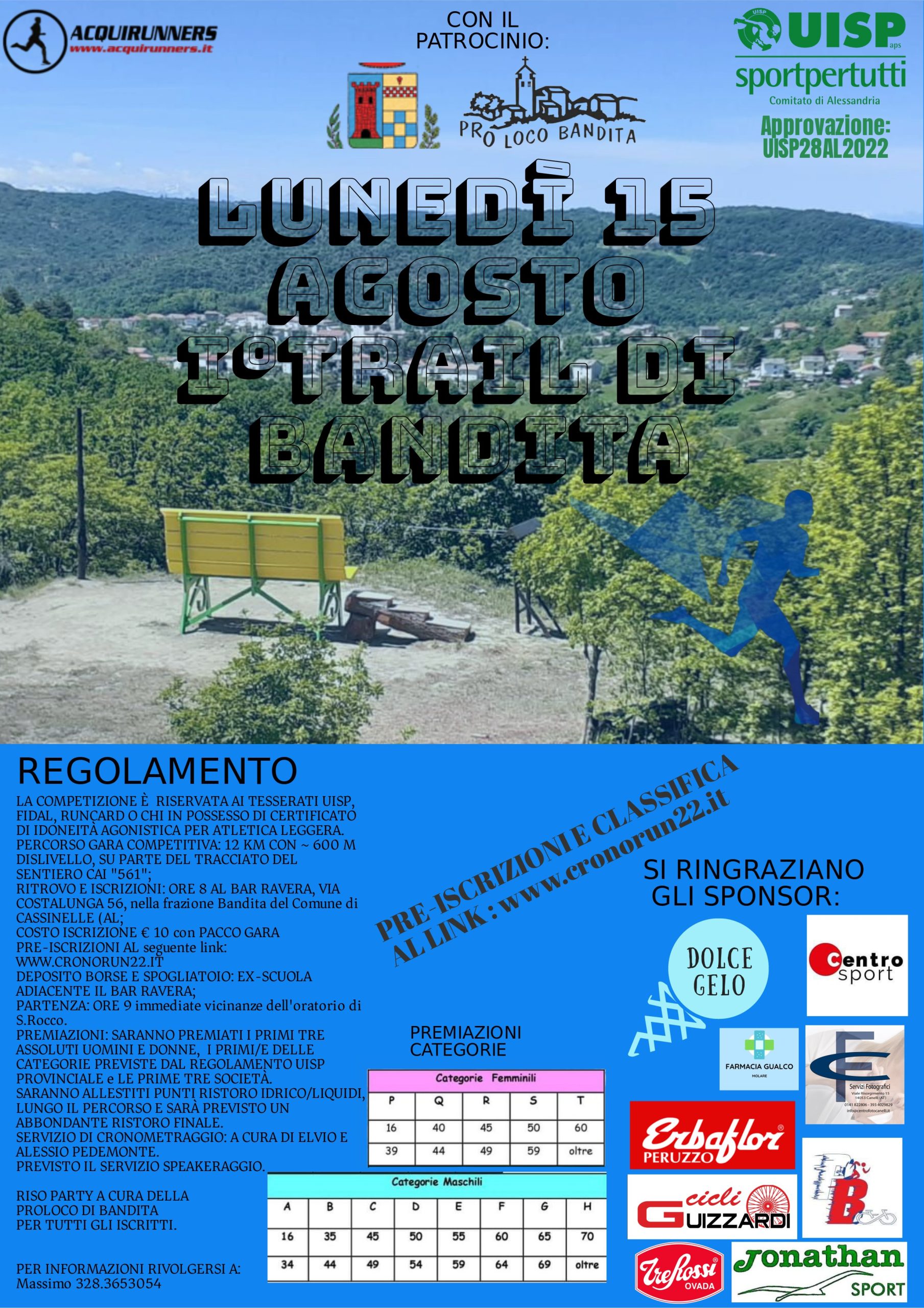 Lunedì 15 agosto a Cassinelle è di scena lo sport con il primo trail di Bandita