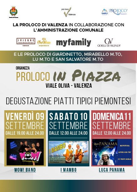 Dal 9 all’11 settembre Pro Loco in piazza a Valenza