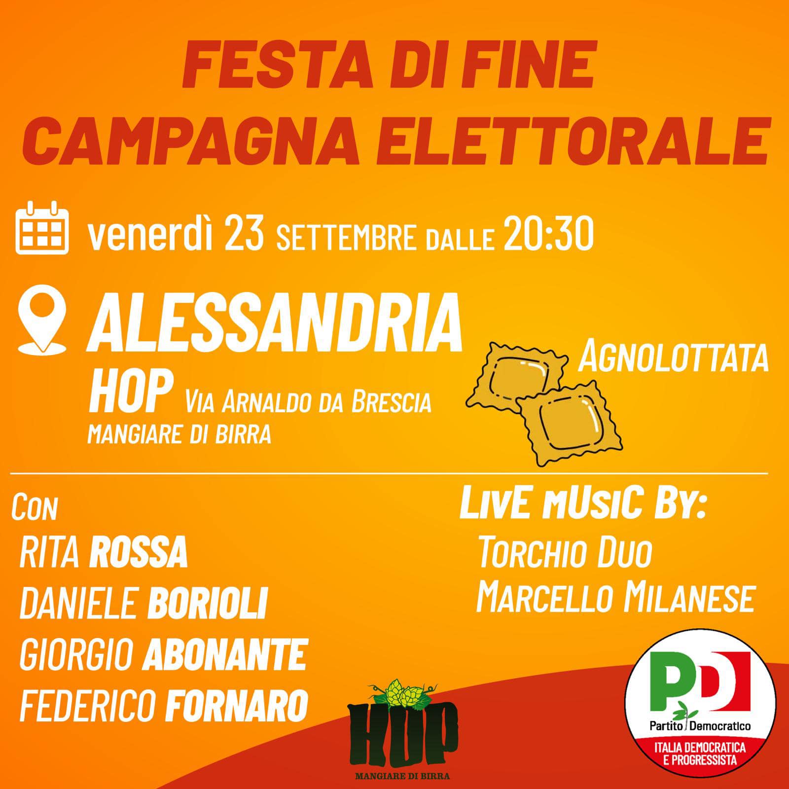 Venerdì da Hop ad Alessandria festa di fine campagna elettorale del Partito Democratico