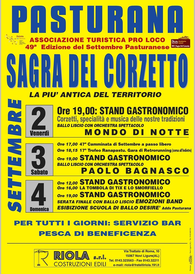 Dal 2 al 4 settembre la Sagra del Corzetto a Pasturana