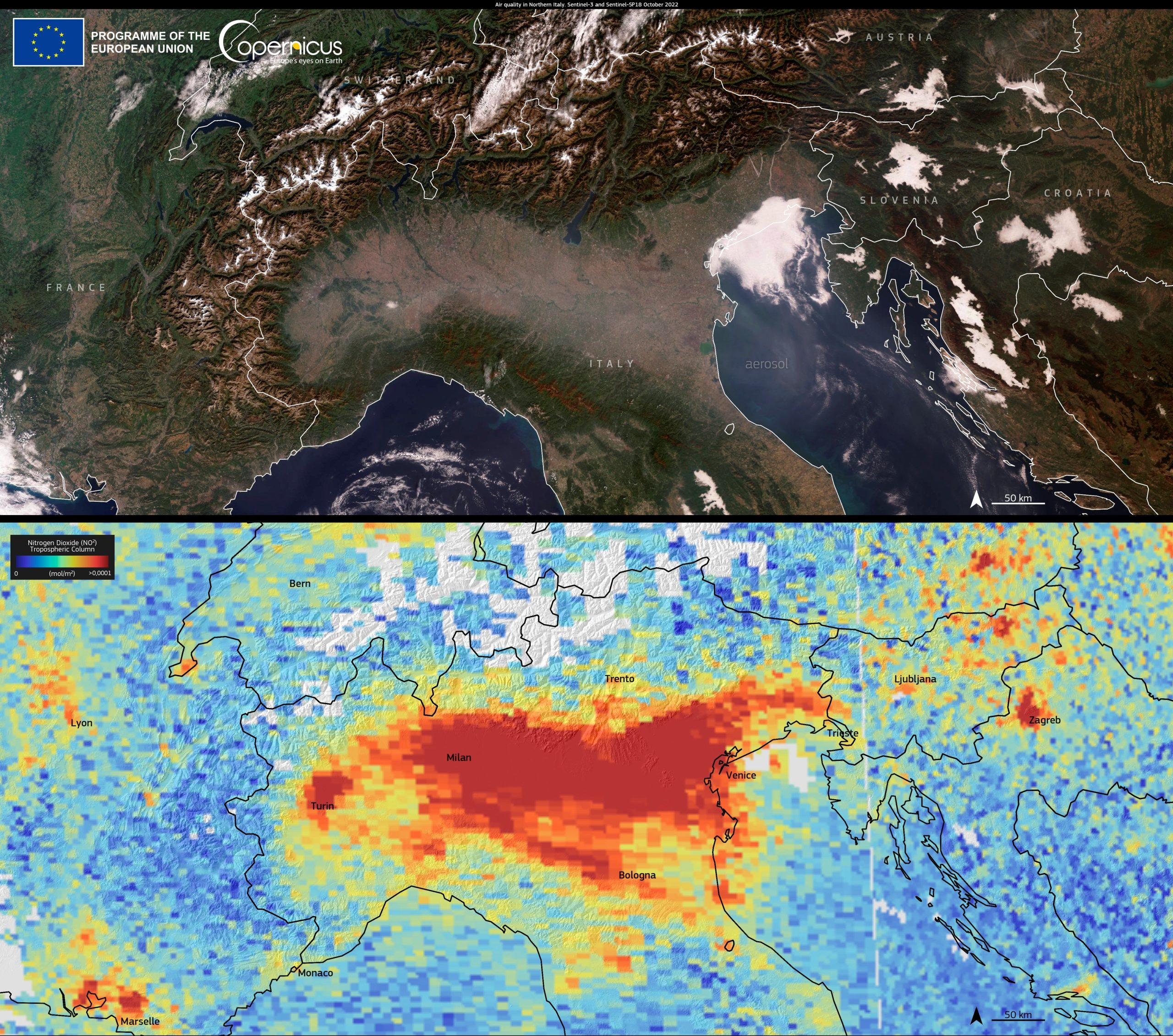 L’autunno peggiora la qualità dell’aria nel bacino Padano: le immagini dallo spazio