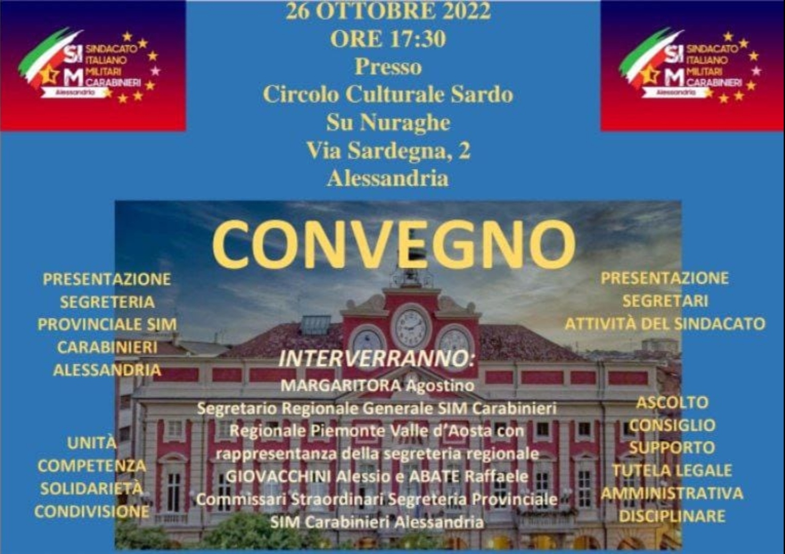 Il 26 ottobre ad Alessandria il Sindacato Italiano Militari Carabinieri presenta la Segreteria provinciale