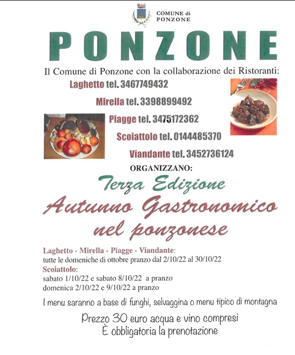 A Ponzone per tutto il mese di ottobre gli speciali menù dell’Autunno Gastronomico