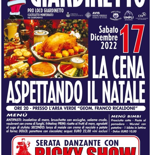Il 17 dicembre a Giardinetto la cena “Aspettando Natale”