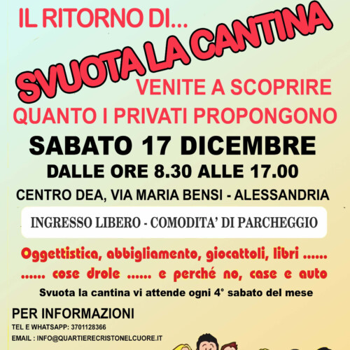 Il 17 dicembre torna Svuota la Cantina al Centro Dea del quartiere Cristo di Alessandria