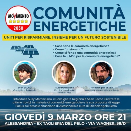 Movimento 5 Stelle: giovedì ad Alessandria una serata sulle Comunità Energetiche