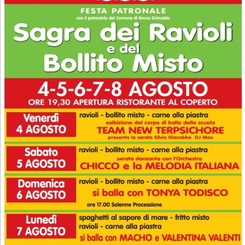 Dal 4 all’8 agosto la Sagra dei Ravioli e del Bollito Misto a Rocca Grimalda