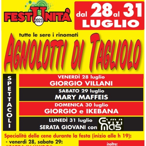 Dal 28 al 31 luglio la Festa dell’Unità a Tagliolo Monferrato