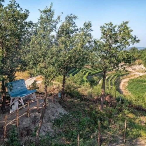 Una maxi panchina a Gavi davanti al Forte e al Santuario