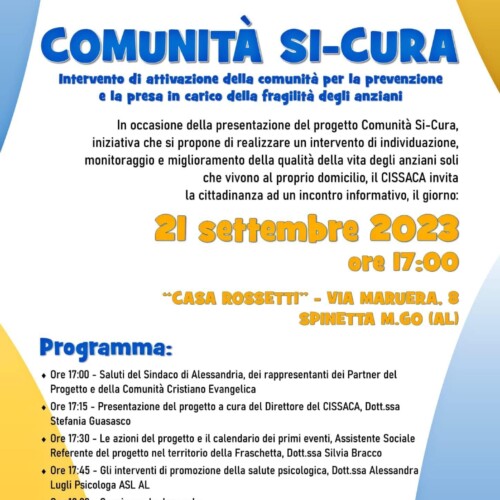 Comunità Si-Cura: giovedì a Spinetta la presentazione del progetto a favore degli anziani soli