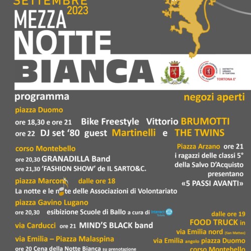 Sabato 2 settembre Tortona festeggia la fine dell’estate con la “Mezza Notte Bianca”