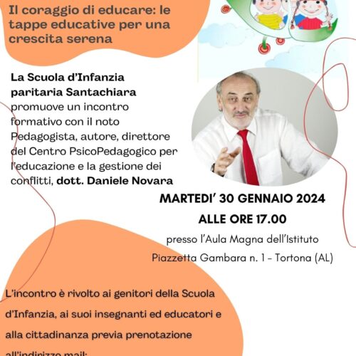 Il 30 gennaio all’Istituto Santachiara di Tortona incontro col pedagogista Daniele Novara