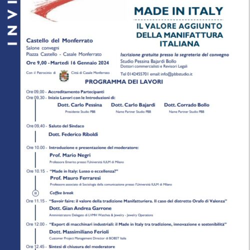 Il 16 gennaio il convegno “Made in Italy – Il valore aggiunto della manifattura italiana”