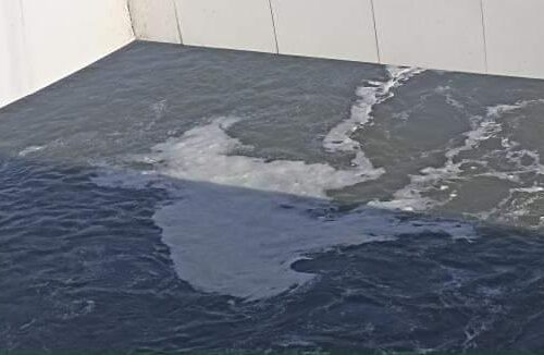 Schiuma e una transenna nel Tanaro sotto il ponte Meier