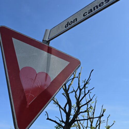 La foto: un po’ di street art su un cartello stradale ad Alessandria