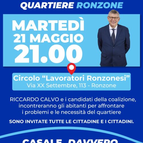 Elezioni comunali: a Casale il candidato sindaco Riccardo Calvo incontra i cittadini del quartiere Ronzone