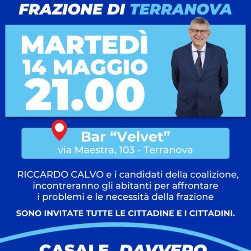 Elezioni comunali: a Casale il candidato sindaco Riccardo Calvo incontra i cittadini di Terranova