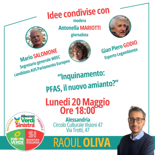 Elezioni europee e regionali: ad Alessandria incontro sui Pfas con i candidati Mario Salomone e Raoul Oliva