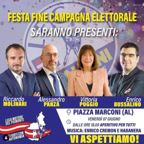 Venerdì in piazza Marconi ad Alessandria la festa di fine campagna elettorale della Lega
