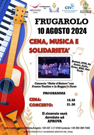 Il 10 agosto a Frugarolo buon cibo e la musica della Beggar’s Farm per sostenere Aprova