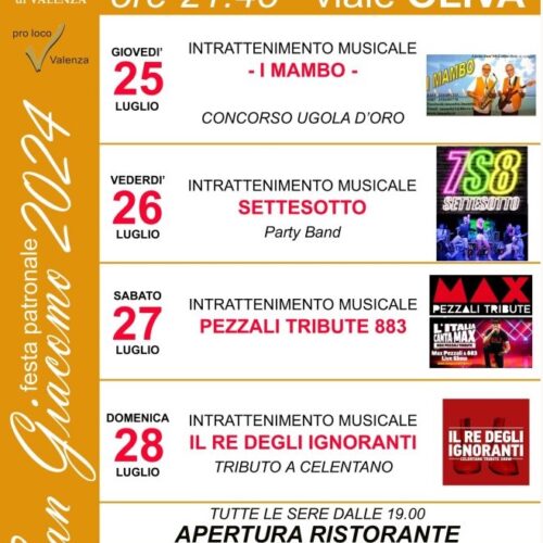 Dal 25 al 28 luglio buon cibo e tanta musica alla Festa di S. Giacomo a Valenza