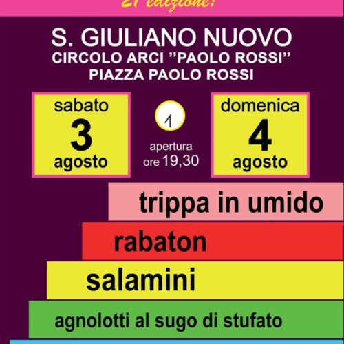 Sabato 3 e domenica 4 agosto la Sagra dei Sapori della Fraschetta a San Giuliano Nuovo