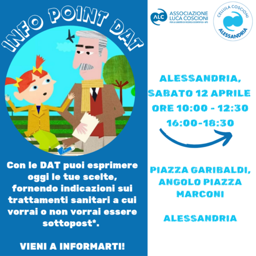 Testamento biologico: sabato in piazza Garibaldi ad Alessandria il punto informativo dell’associazione Coscioni