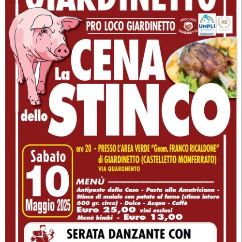 Il 10 maggio a Giardinetto torna la “Cena dello Stinco”: buon cibo e serata danzante