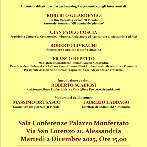 Alessandria, gli alessandrini e l’alessandrinità: incontro il 2 dicembre a Palazzo Monferrato