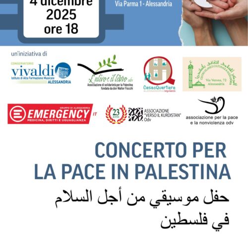 “Parole e musica per la Palestina”: ad Alessandria un concerto per la pace al Conservatorio Vivaldi