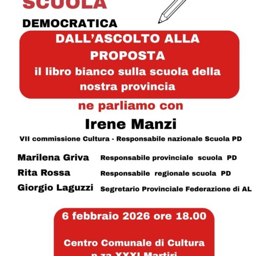 [ANNULLATO] Appunti per una scuola democratica: il 6 febbraio a Valenza l’incontro promosso dal Pd