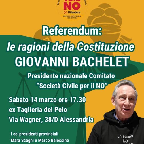 Referendum Giustizia: sabato ad Alessandria incontro del Comitato per il No con il presidente Giovanni Bachelet