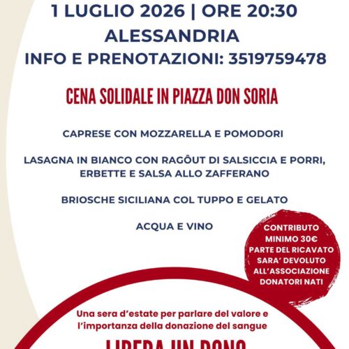 “Libera un dono”: ad Alessandria una cena solidale per promuovere la donazione del sangue