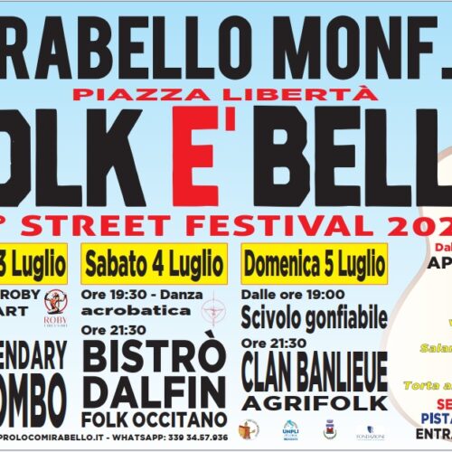 A Mirabello Monferrato “Folk È Bello” : tre giorni di musica, spettacoli e sapori in piazza Libertà