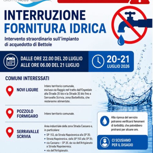 Lavori all’acquedotto di Bettole: stop all’acqua nella notte tra il 20 e il 21 luglio a Novi, Pozzolo e Serravalle